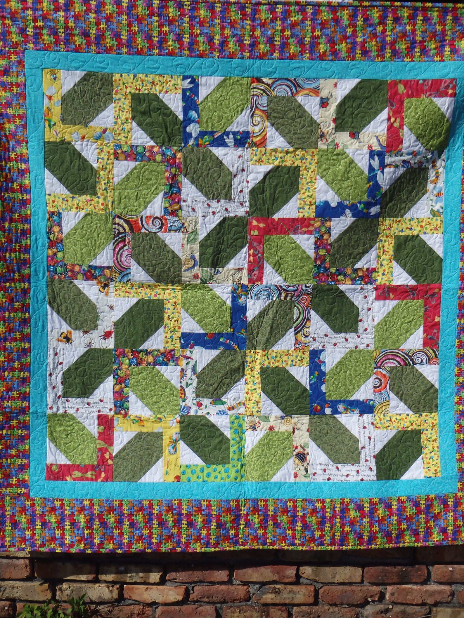 Twin Size Bug Quilt, Child's Insect Quilt, Green Twin Quilt, Couch