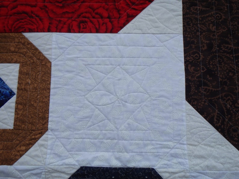 modern queen size red, blue and brown quilt image 3