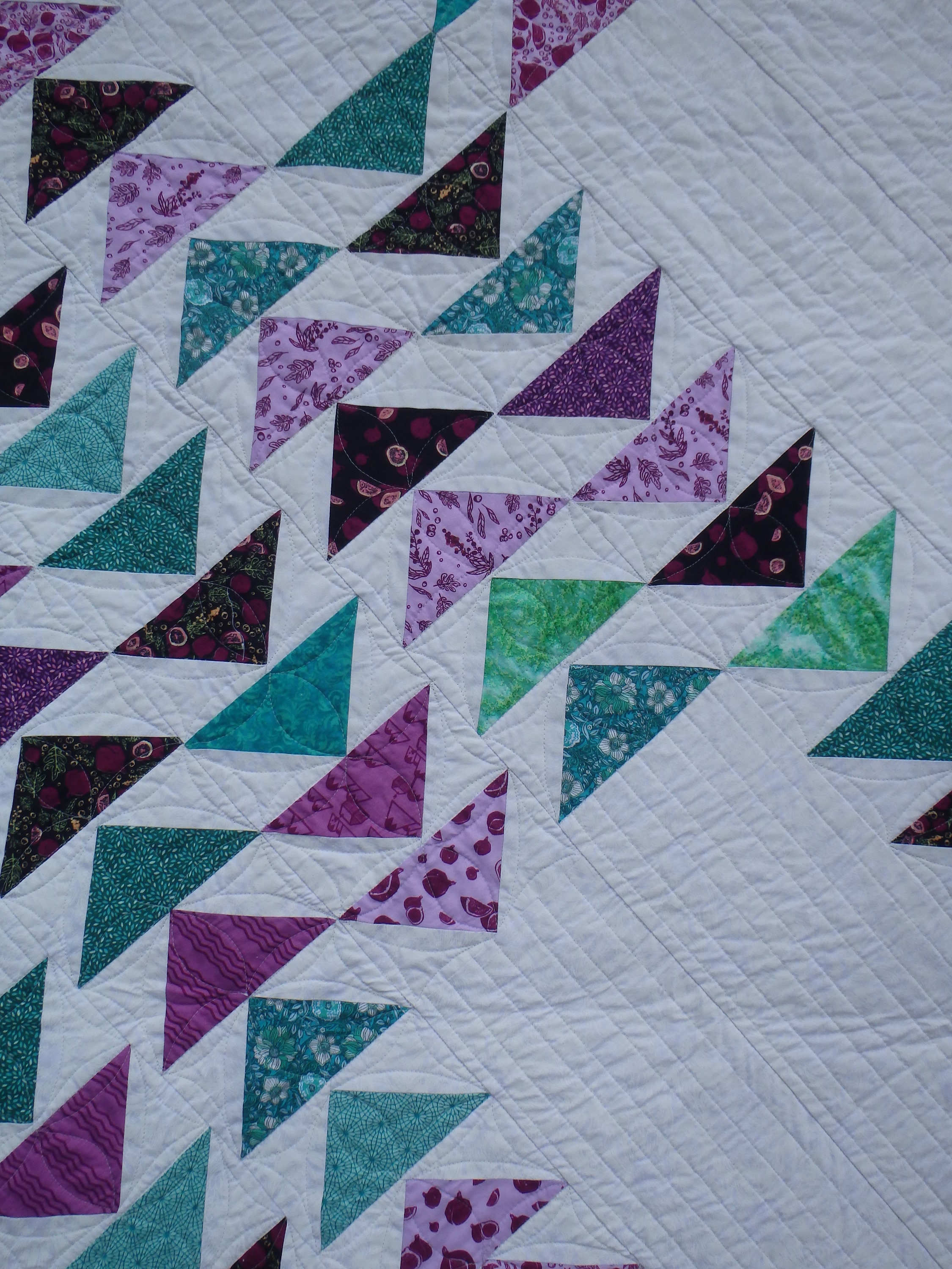 Queen Size Homemade Modern Quilt, Geometric Quilt, Purple and Green