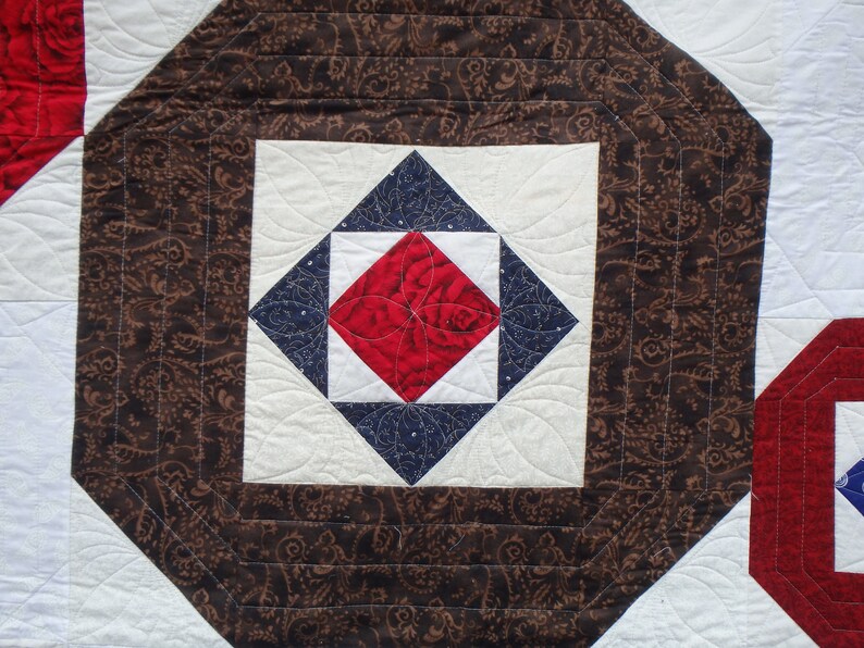 modern queen size red, blue and brown quilt image 4