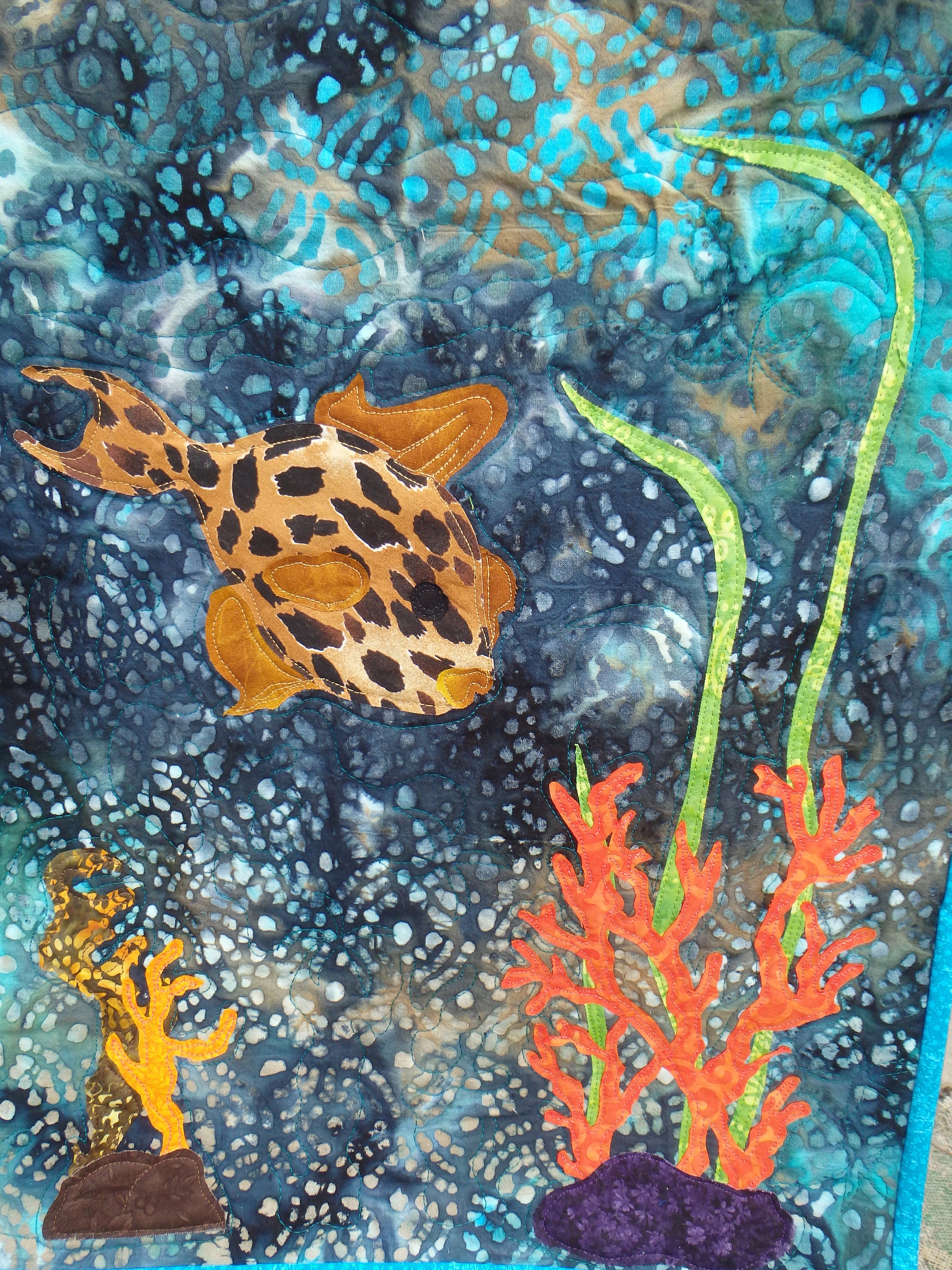 Seascape Fiber Art, Quilted Seascape Wall Hanging, Beach Decor, Fish