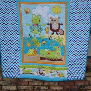 animal baby quilt, nursery decor, blue  baby boy quilt, gender neutral quilt, lap quilt, crib quilt