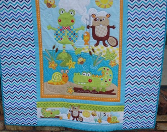 animal baby quilt, nursery decor, blue  baby boy quilt, gender neutral quilt, lap quilt, crib quilt