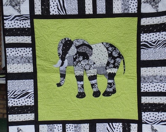 Black and White Elephant Quilt, Nursery Decor, Modern Art Quilt