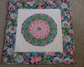 floral quilted table topper, pink and blue quilted table topper