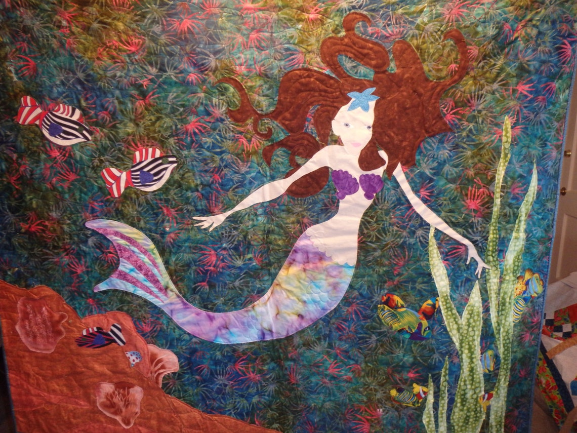 Mermaid Quilt Nautical Decor Seascape. Fiber Art Quilted Etsy