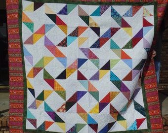 modern queen size rainbow quilt, modern queen size geometric quilt