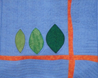 modern leaf wall hanging, blue art quilt