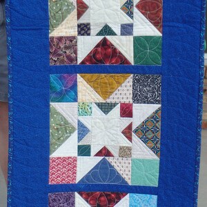 Puede incluir: Un camino de mesa acolchado azul con un dise&ntilde;o de patchwork que presenta varios patrones y colores. El camino de mesa est&aacute; formado por varios cuadrados con diferentes telas, incluyendo dise&ntilde;os florales, geom&eacute;tricos y abstractos. El camino de mesa est&aacute; bordeado con un ribete azul.