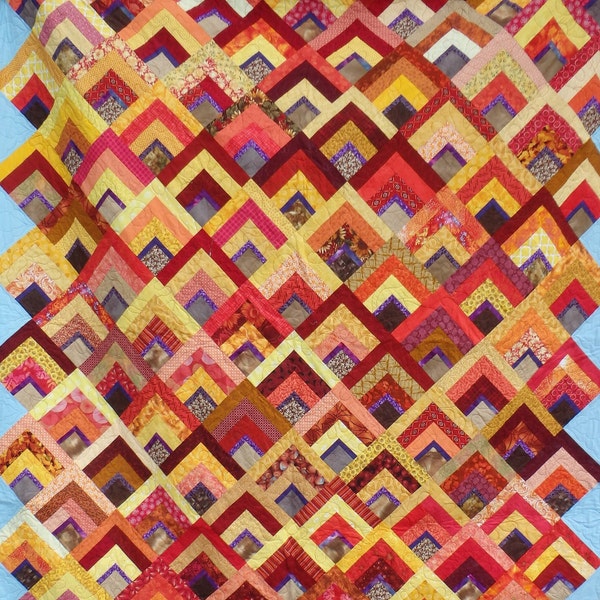 fall log cabin quilt, autumn queen size modern quilt, red and orange twin size quilt, red quilt, orange and yellow quilt