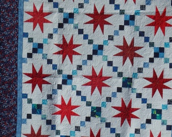 Edredón Twin Estrella Roja, Cuadrados Azules, Manta de Algodón Hecha a Mano