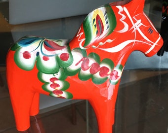 Vintage Swedish Dala Hand Painted Wood Horse