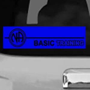 May include: Blue and black car sticker with the text "BASIC TRAINING" and a circle with the letters "NA" inside.