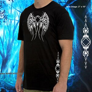 May include: Black t-shirt with a white graphic of a stylised winged symbol with a diamond in the centre. The side image shows a vertical design with a diamond in the centre.