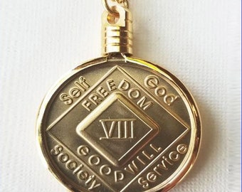 NA Beveled Necklace Medallion Holder Necklace Narcotics Anonymous AA, Alcoholics Anonymous