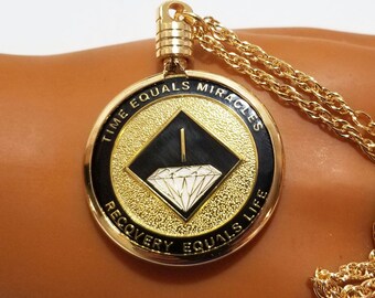 NA Beveled Medallion Holder Necklace Narcotics Anonymous , NA, AA Alcoholics Anonymous