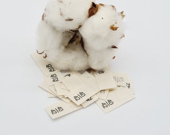 25 étiquettes textiles taille 40/42 sur ruban coton naturel