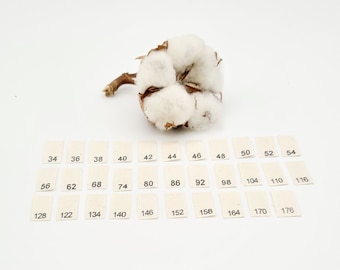 25 étiquettes textiles de taille 34 - 176 sur ruban de coton naturel sélectionnable
