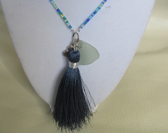 Authentic Frosty White Sea Glass,  Czech Beads, Blue Tassel  and Sterling Silver Heart Charm Necklace **Free Shipping**