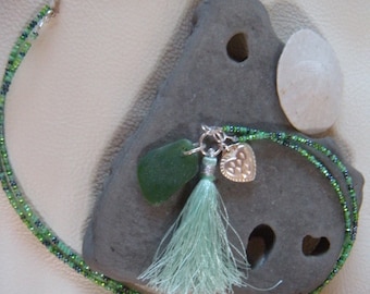 Authentic Green Sea Glass,  Czech Beads, Green Tassel and Sterling Silver Heart Charm Necklace **Free Shipping**