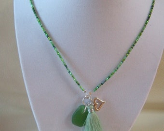 Authentic Green Sea Glass,  Czech Beads, Green Tassel and Sterling Silver Open Heart Charm Necklace **Free Shipping**