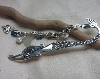 Free Shipping **Tibetan Silver &  Frosty White Sea Glass Mermaid Bookmark**