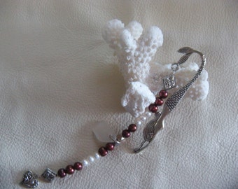 Tibetan Silver & Frosty White Sea Glass Mermaid Bookmark--Burgundy and Pearl Tones  **Free Shipping**