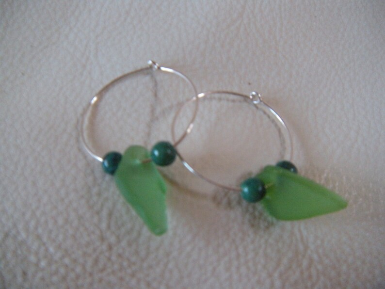 Green Authentic Sea Glass Sterling Silver Hoop Earrings Free Shipping image 2