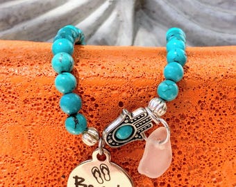 Authentic Frosty White Sea Glass,  Turquoise color beads, Beach Babe Charm ,  and Tibetan Silver Hamsa Hand Stretch Bracelet