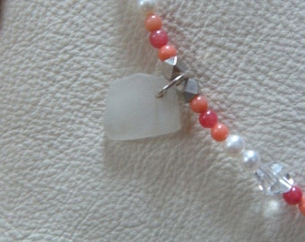 Tibetan Silver & Frosty White Sea Glass Mermaid Bookmark--Peach and Pearl Tones  **Free Shipping**