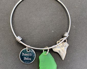 Expandable Beach Babe, Shark's Tooth & Genuine Sea Glass Bracelet