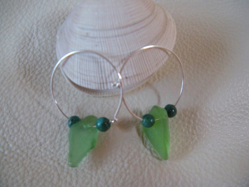 Green Authentic Sea Glass Sterling Silver Hoop Earrings Free Shipping image 3