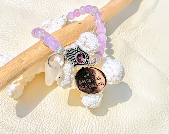 Authentic Frosty White Sea Glass,  Amethyst Beads, Beach Charm ,  and Tibetan Silver Hamsa Hand Stretch Bracelet