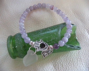 Authentic Frosty White Sea Glass,  Amethyst Beads, Tibetan Silver Heart Charm, and Tibetan Silver Hamsa Hand Bracelet **Free Shipping**