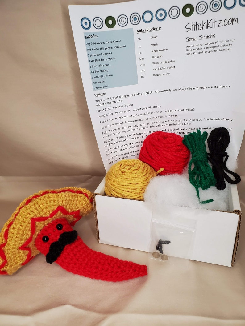 Senor 'Stache the Chili Pepper DIY Crochet Kit Squeak, Rattle or Silent options image 3