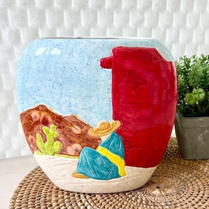 Southwest Pottery Vase Man Siesta Adobe Hand Painted Blue & Red Ceramic 2 sided