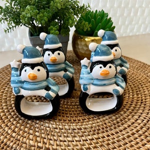 Ceramic Penguins Napkin Rings Set of 4 Winter Holiday Christmas Holders Vintage
