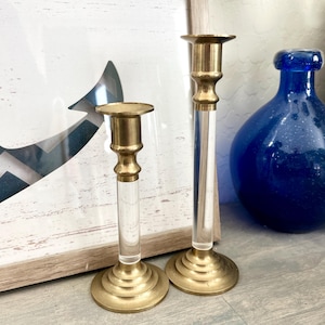 Set of 2 Vintage Graduated Brass & Lucite Candlestick Holders MCM