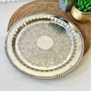 Wm Rogers Silversmith Silverplate Vintage Etched Drinks Tray - Ornate Floral Serving Plate tray