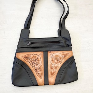 Brown Genuine Leather Hand Tooled Floral Handbag Shoulder Bag/Purse