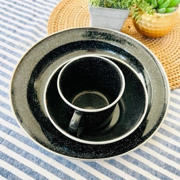 Black Speckled Enamelware 1 bowl and 2 plates 1 cup ,Black Spatter Pattern (4 items)