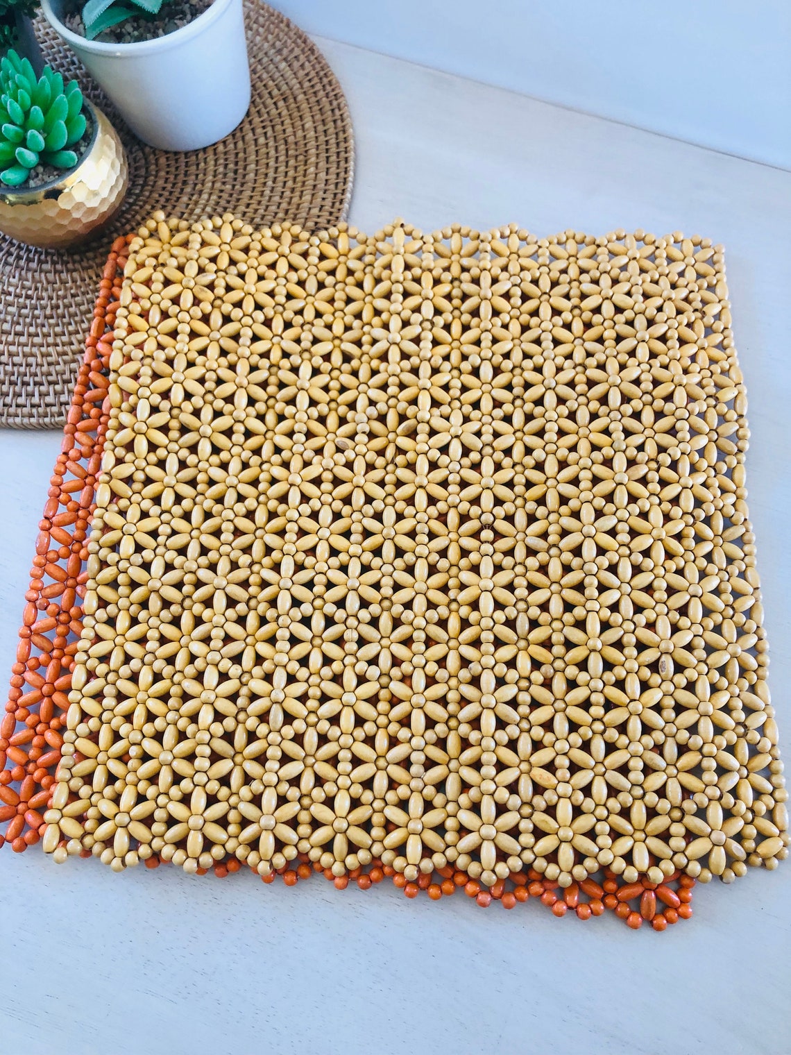 Set of Two Wooden Bead Placemats 1 Orange & 1 Beige Etsy