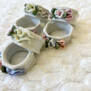 Porcelain Napkin Rings Floral Cottage Chic Set of 6 Vintage - Tea Party Decor
