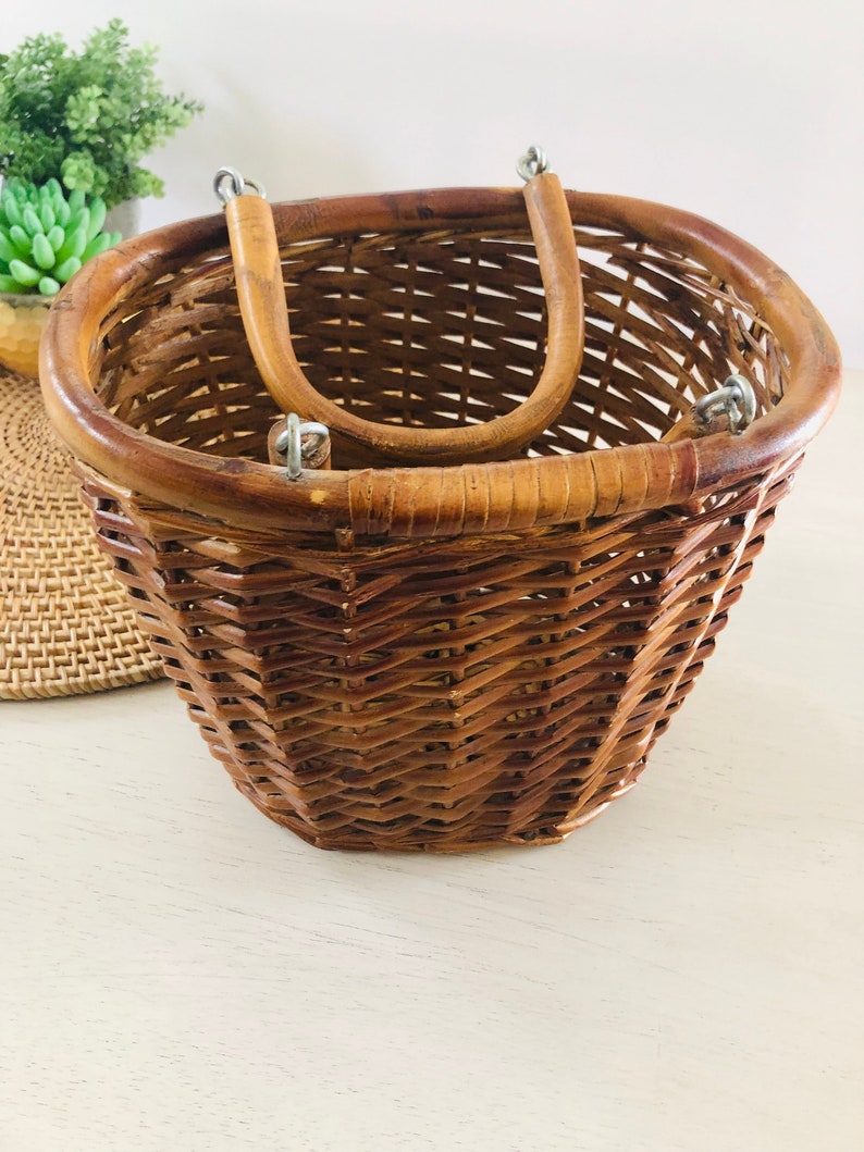 Wicker Palm Basket with Wood Loop Handles Etsy
