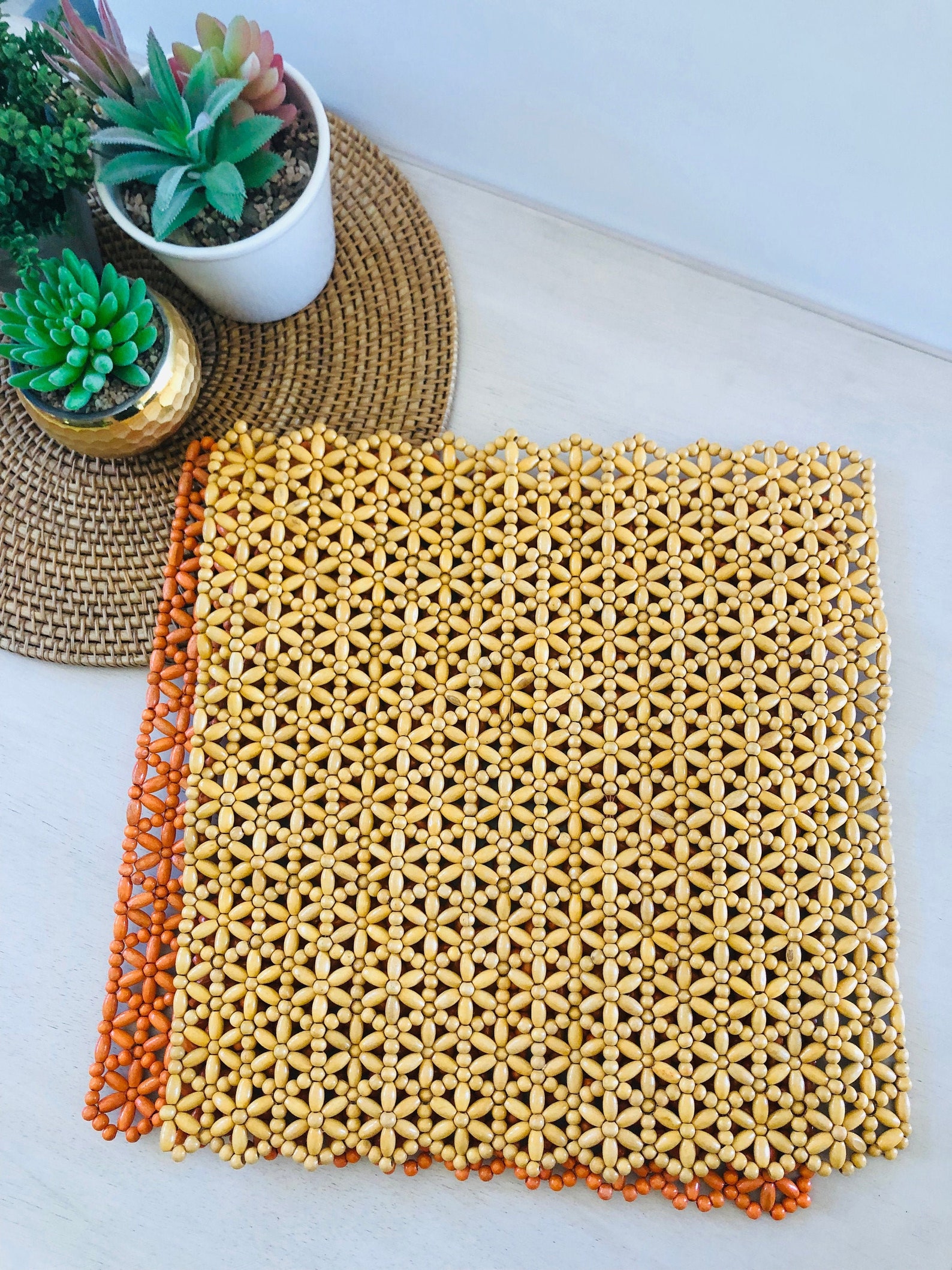 Set of Two Wooden Bead Placemats 1 Orange & 1 Beige Etsy