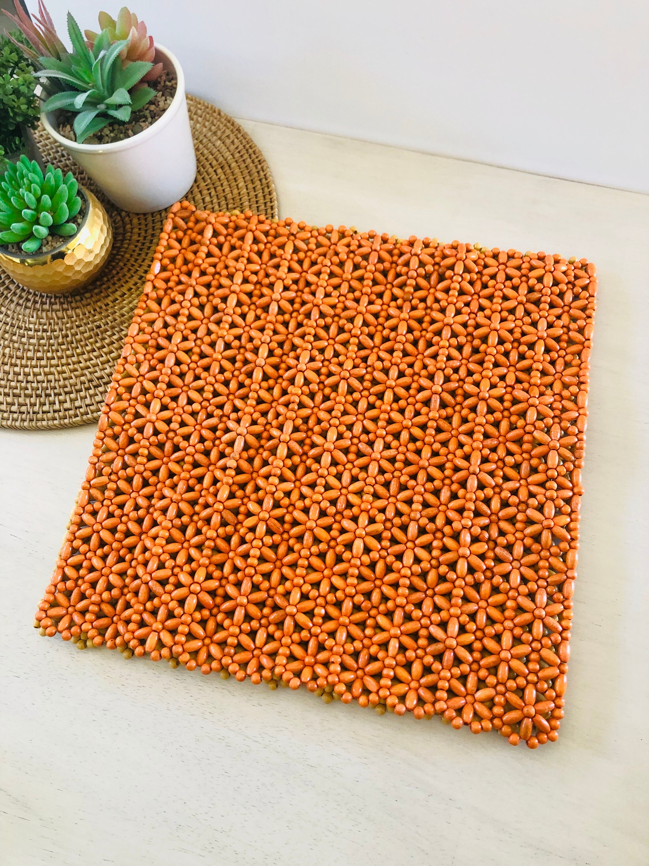 Set of Two Wooden Bead Placemats 1 Orange & 1 Beige Etsy