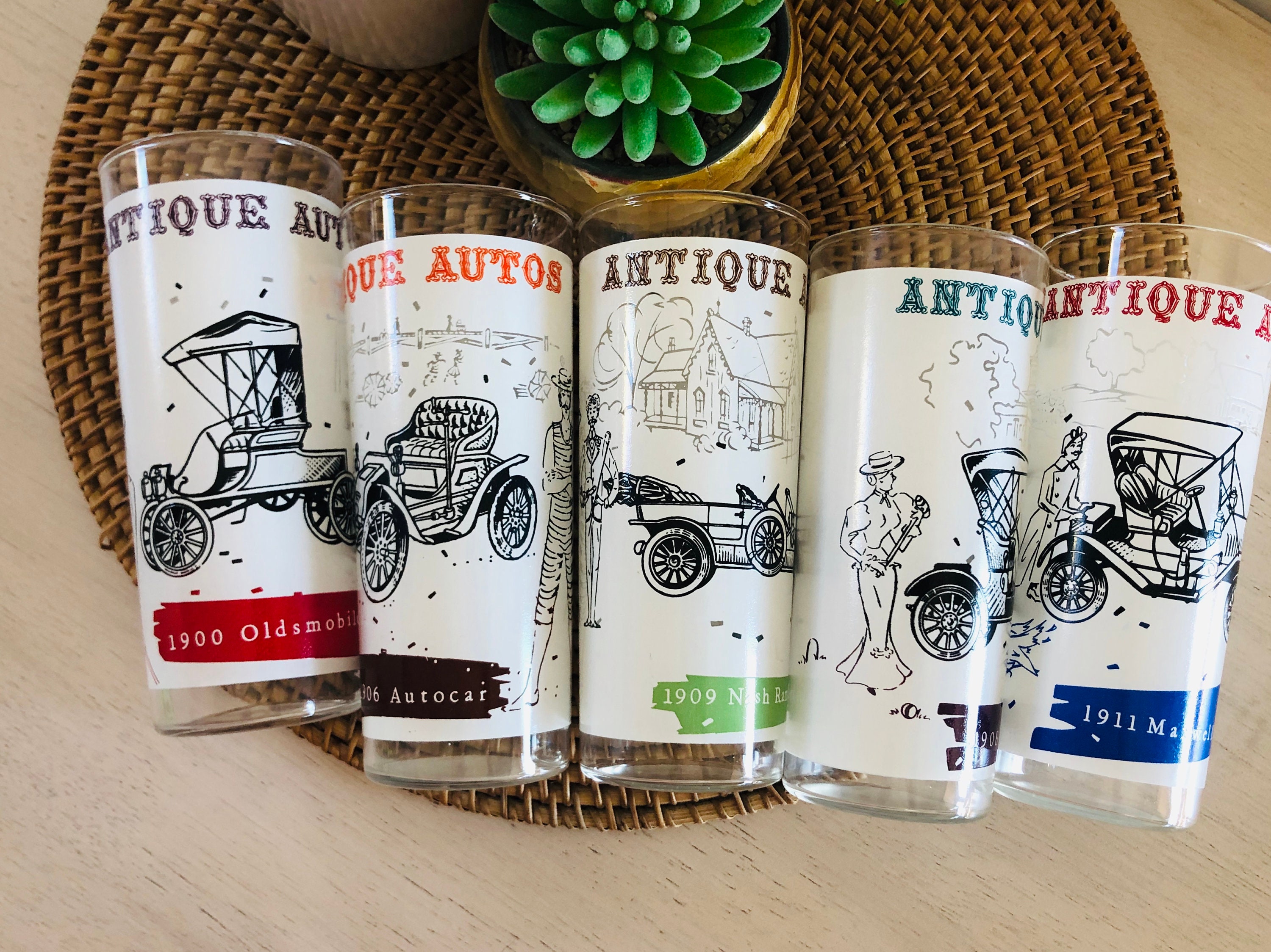 Set of 6 Libbey ANTIQUE AUTO Vintage Tall Drinking Glasses - 7 Cars - 16oz  NEW