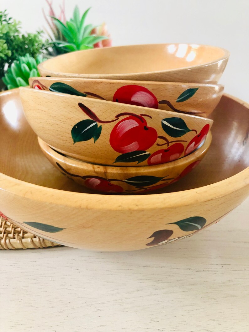 MidCentury Wood Bowls Painted Apples Set of 5 Vintage Japan Etsy