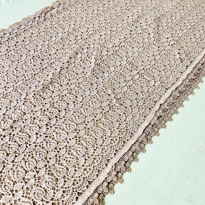 Vintage Dusty Rose Gold Crochet Lace Pattern Table Runner Round  - 88” x 19.5”