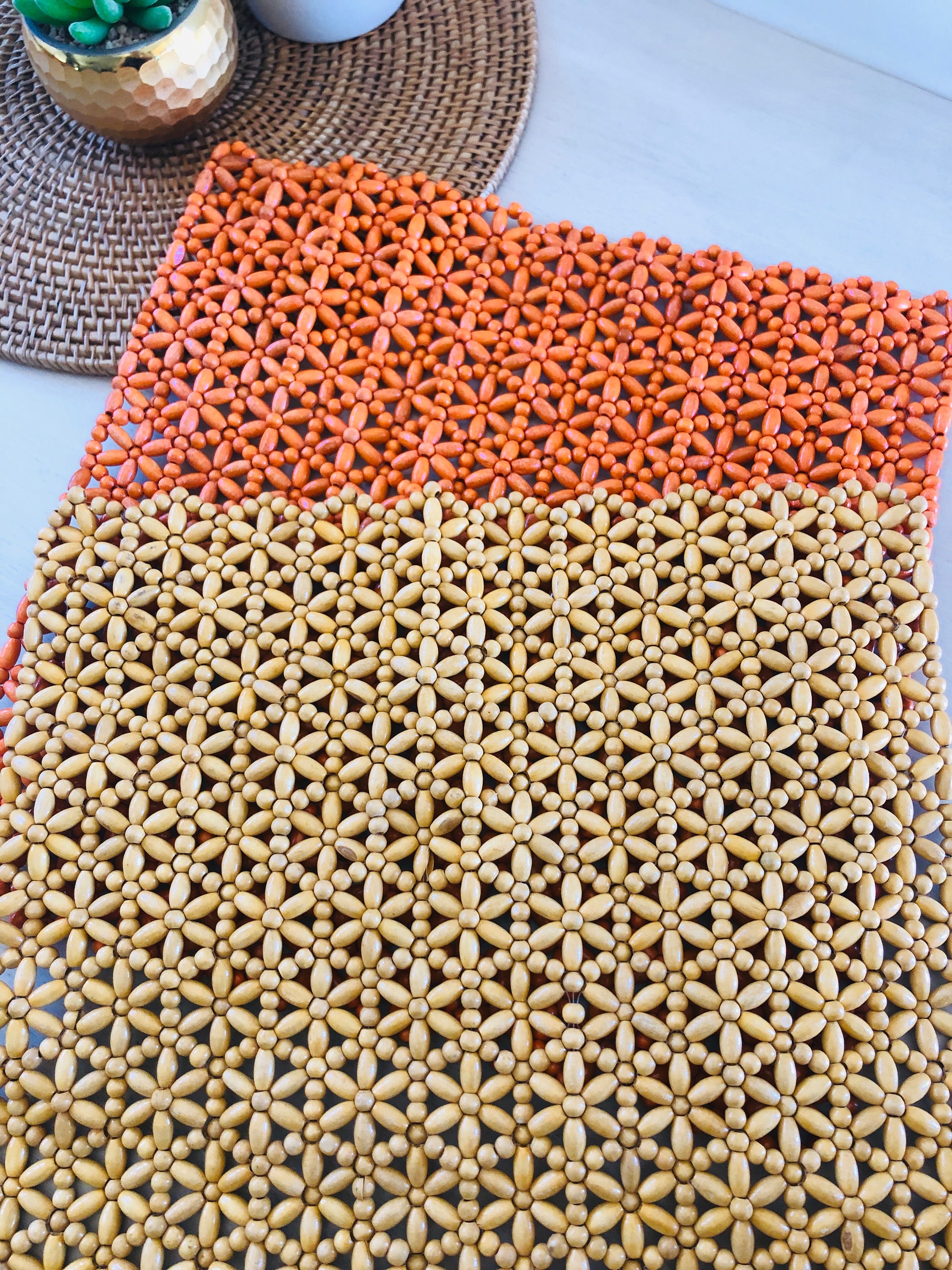 Set of Two Wooden Bead Placemats 1 Orange & 1 Beige Etsy